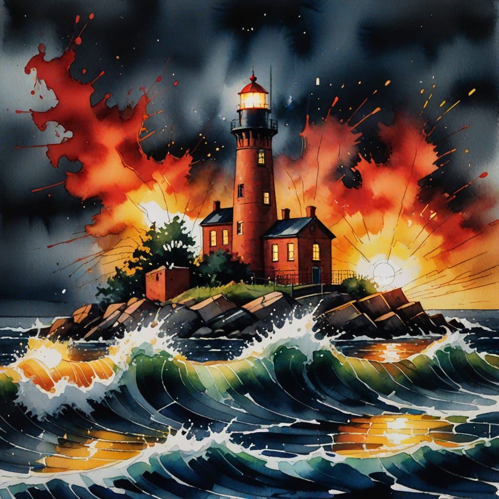 Watercolor Lighthouse Shines on Stormy Night