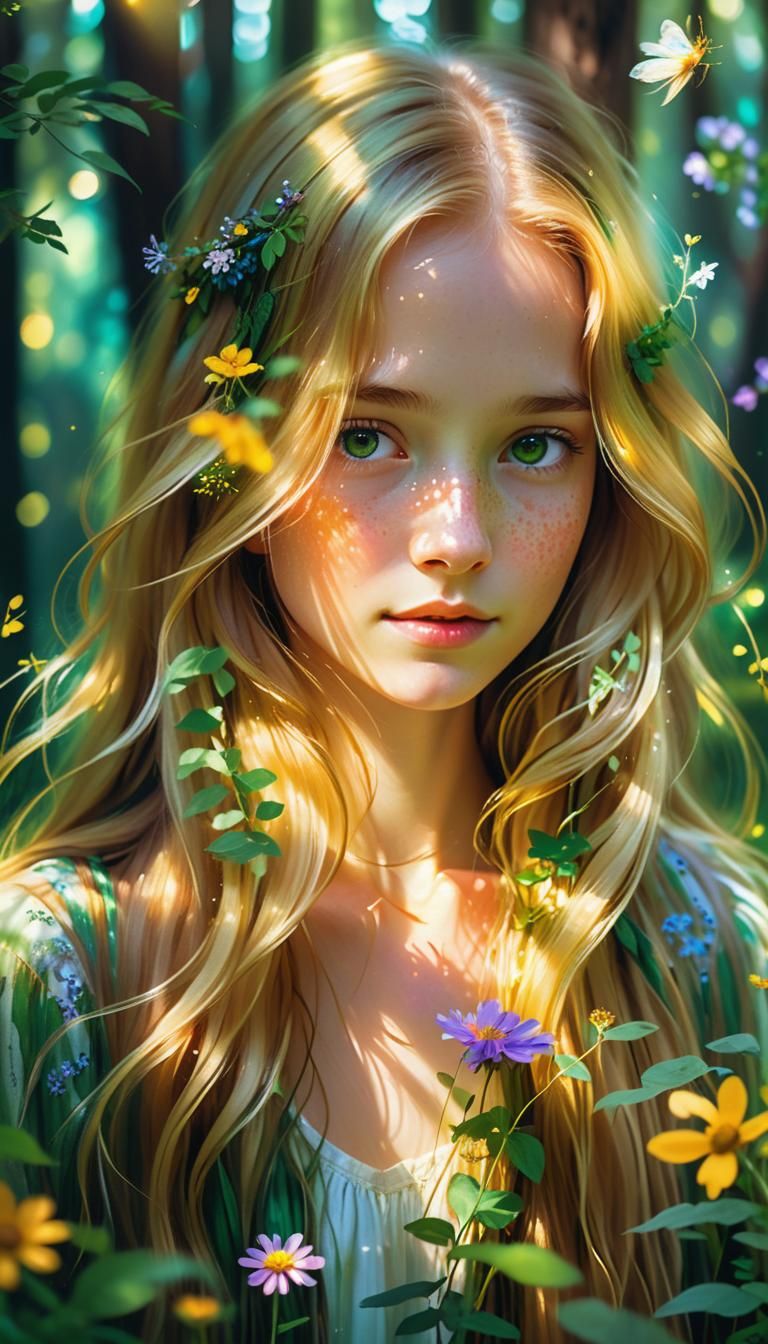 Ethereal Girl in Forest: Whimsical Fantasy Illustration