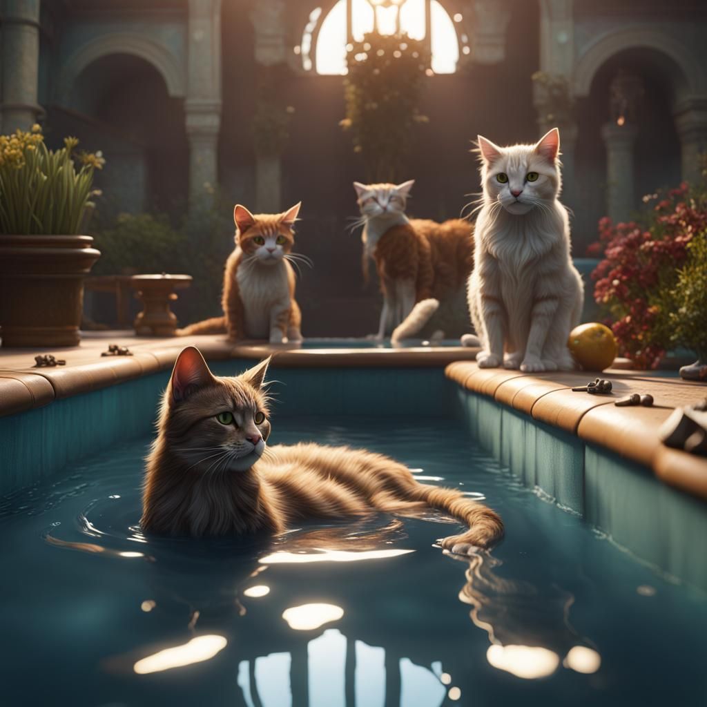 Cats Relaxing in a Pool: Detailed Concept Art