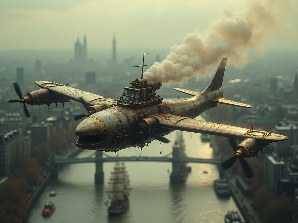 Steampunk Shark Aircraft Over Victorian London