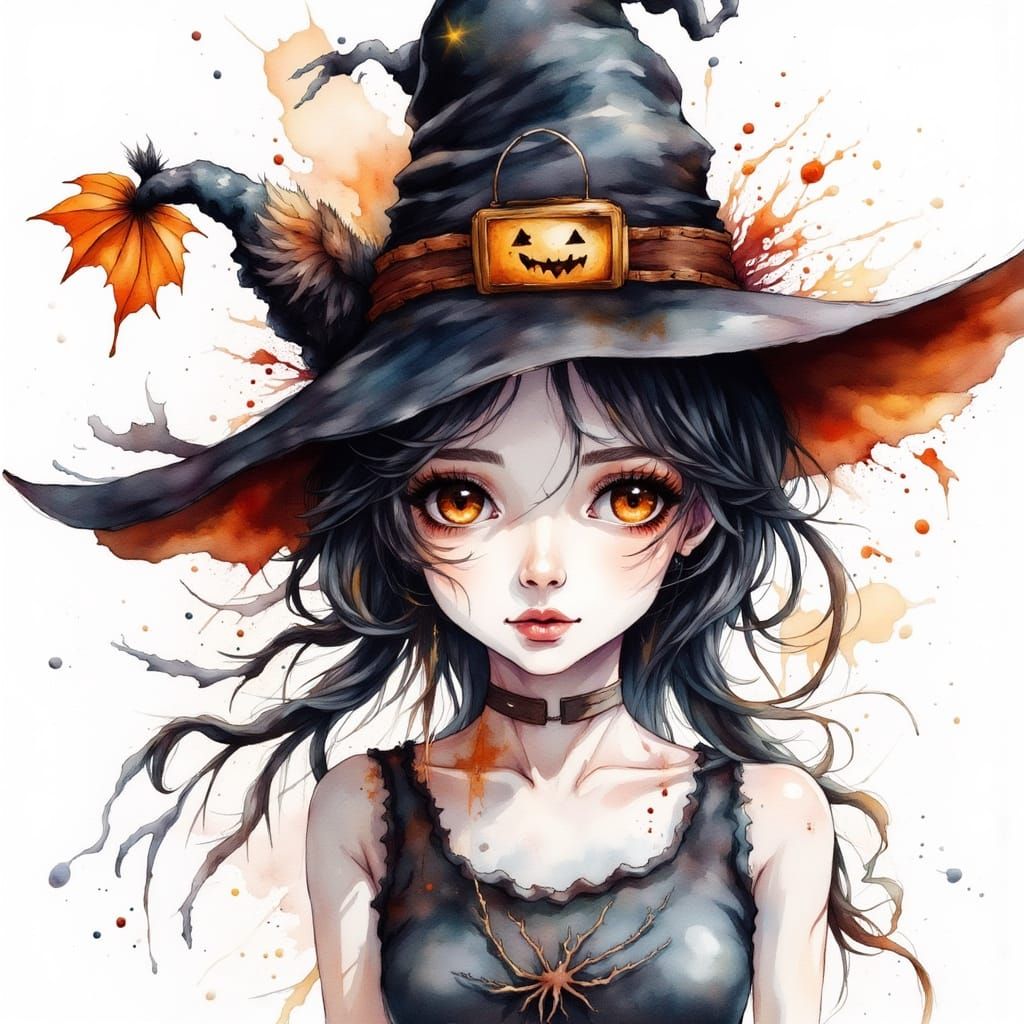Whimsical Witch Halloween Portrait in Watercolour Style