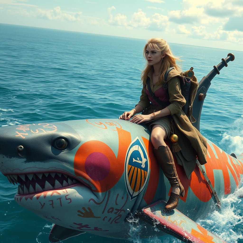 Woman Rides Graffiti Shark in Pop Surrealist Style