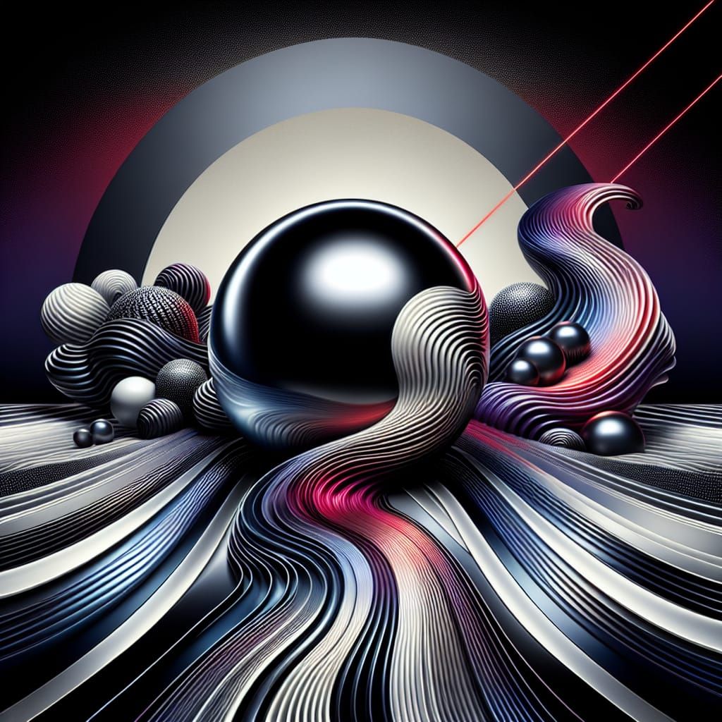 A psychedelic album cover design featuring a striking visual of a metallic sphere traveling through a landscape of wavy,...