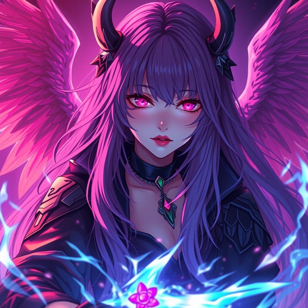 she is the on with violet hair and pink eyes her voice of an...