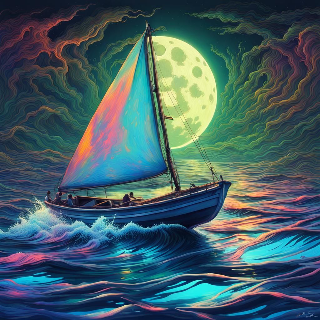 Sailing Boat Amidst Bioluminescent Waves and Dolphins