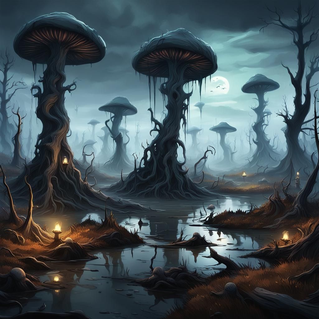 Nightmarish Marsh of Diseased Slimes: Dark Fantasy Art