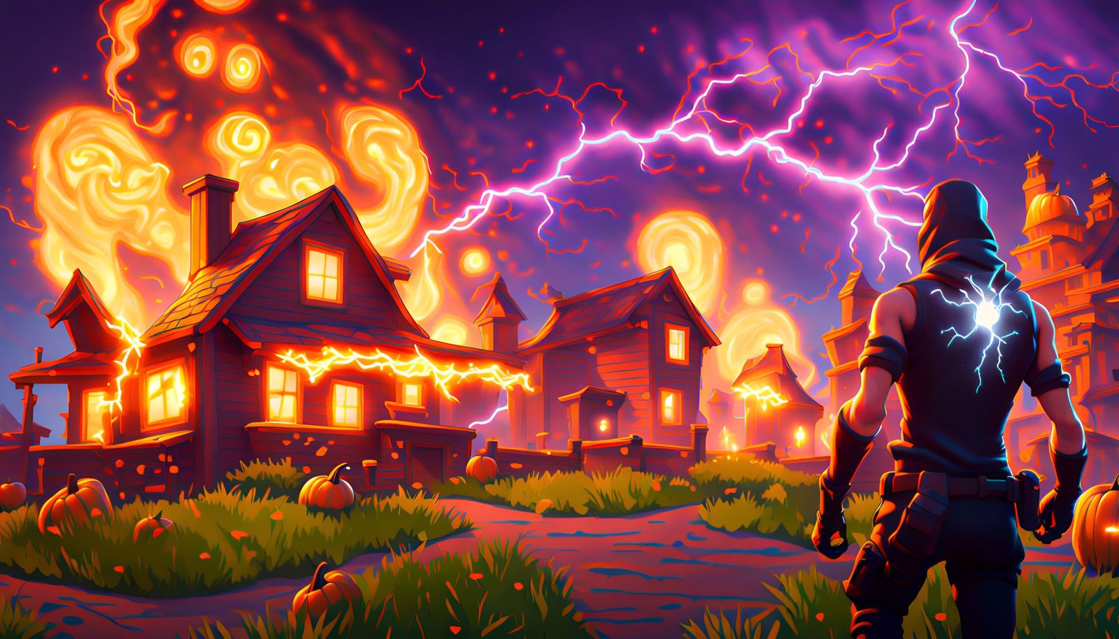 Fortnite, Halloween , Powerfully Glowing Fire and Lightning Storm of Blazing Electrified Conflagration.