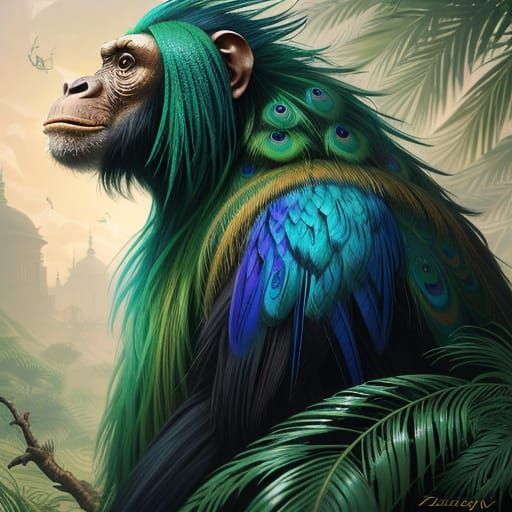 Chimpanzee Peacock Fusion in Surreal Oil Painting