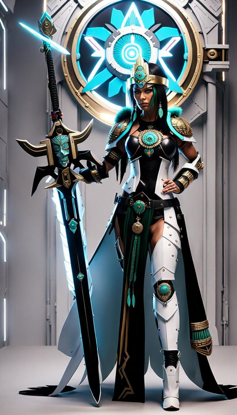 Aztec Warrior Woman in Cyberpunk Servo-Armor