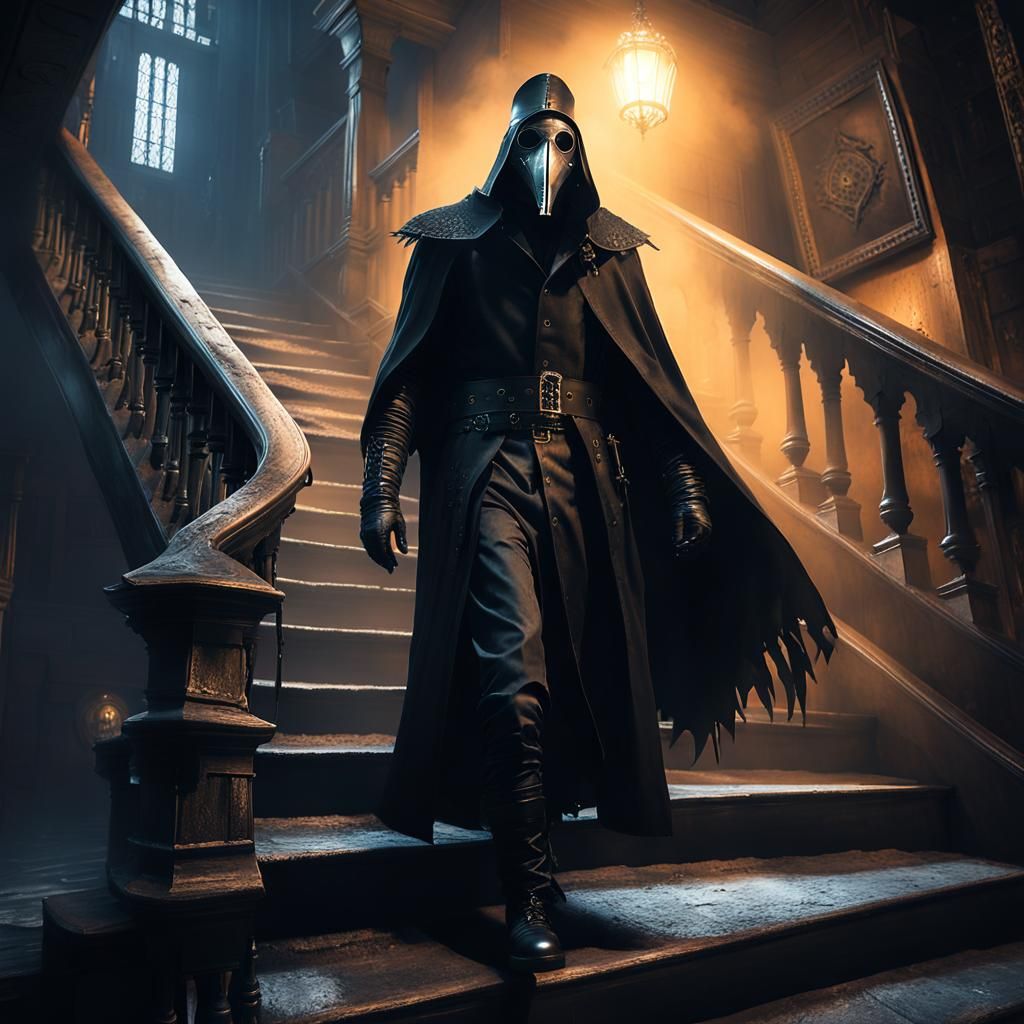 Plague Doctor Descending in Dark Fantasy Style