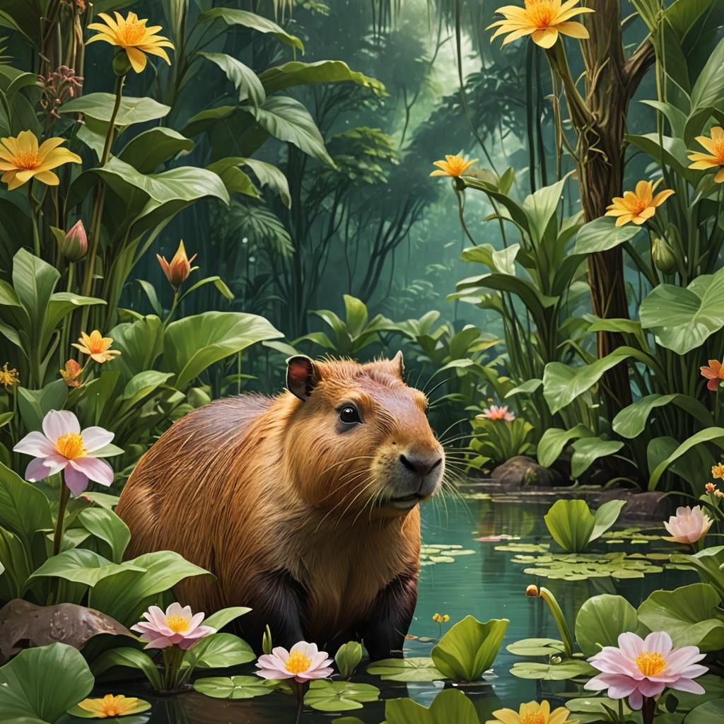Capybara in Emerald Amazon Swamp: Digital Art