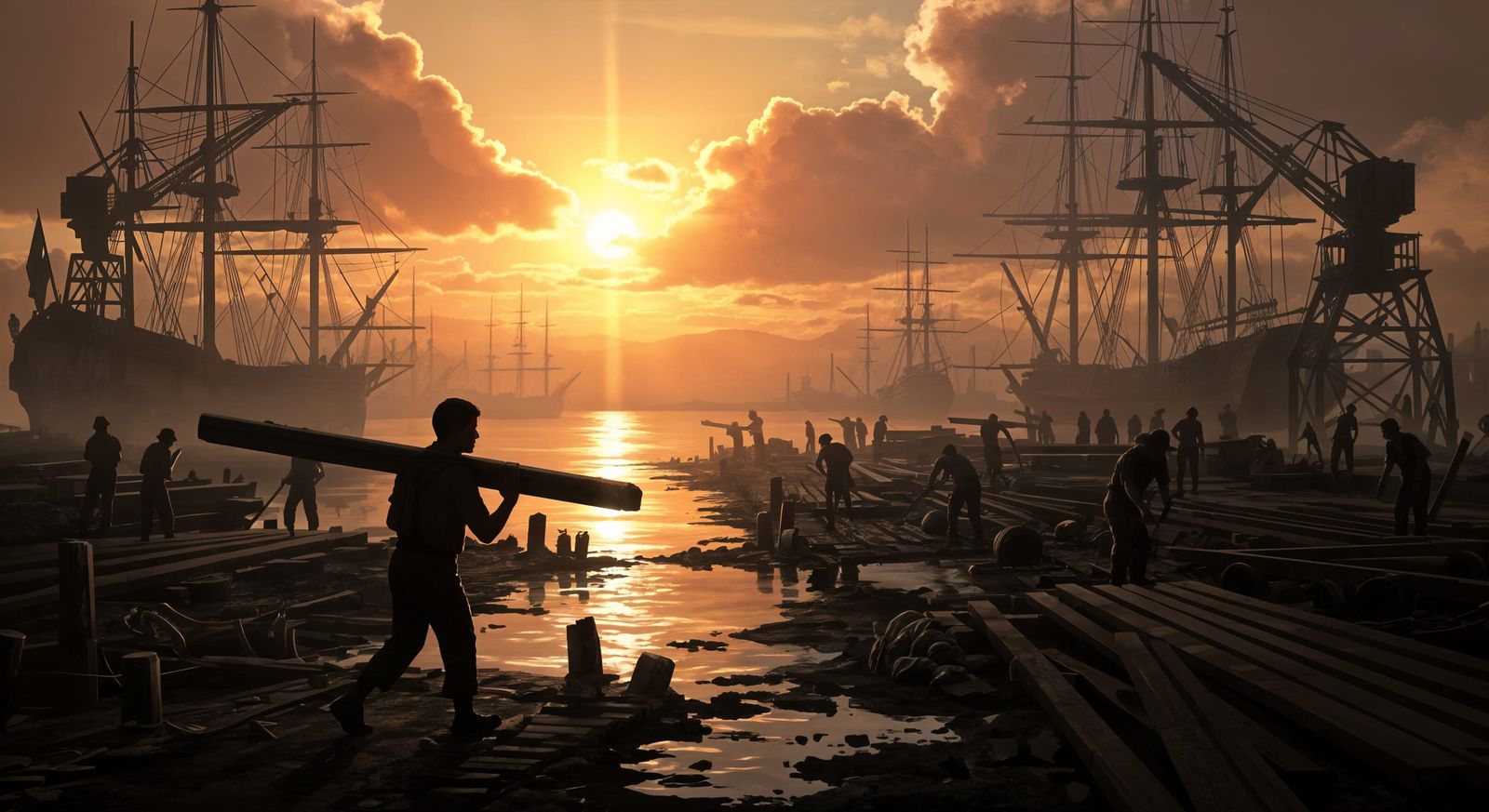 Golden Hour Shipyard: An Epic Digital Painting