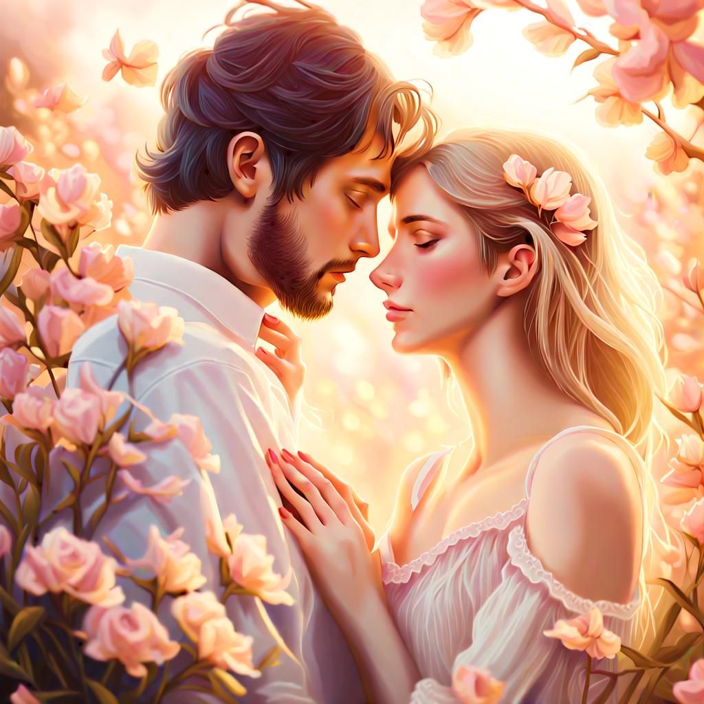 Impressionist Couple Embracing in Sunlight and Petals
