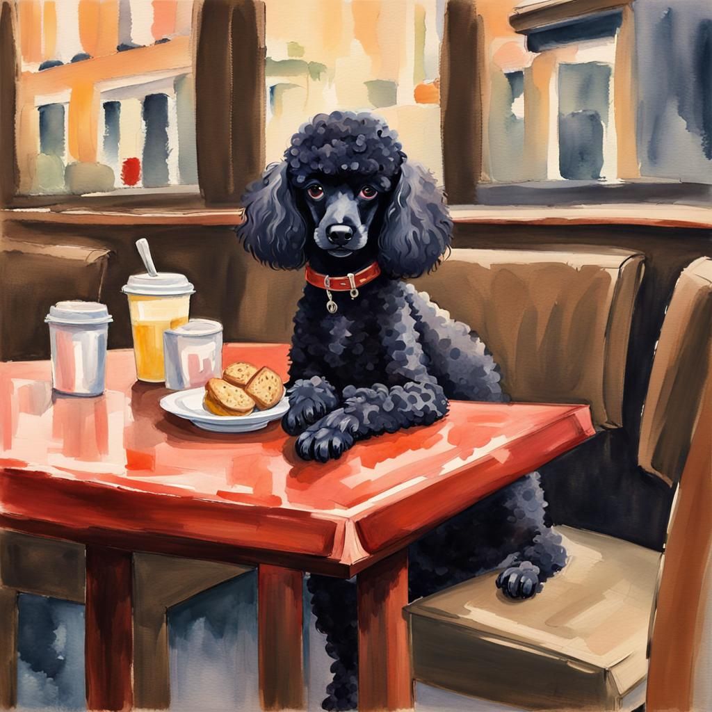 Poodle Puppy's Cafe Feast in Gouache Style