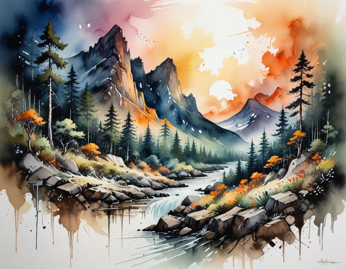 Ethereal Nature Scene in Sumi Ink and Watercolor