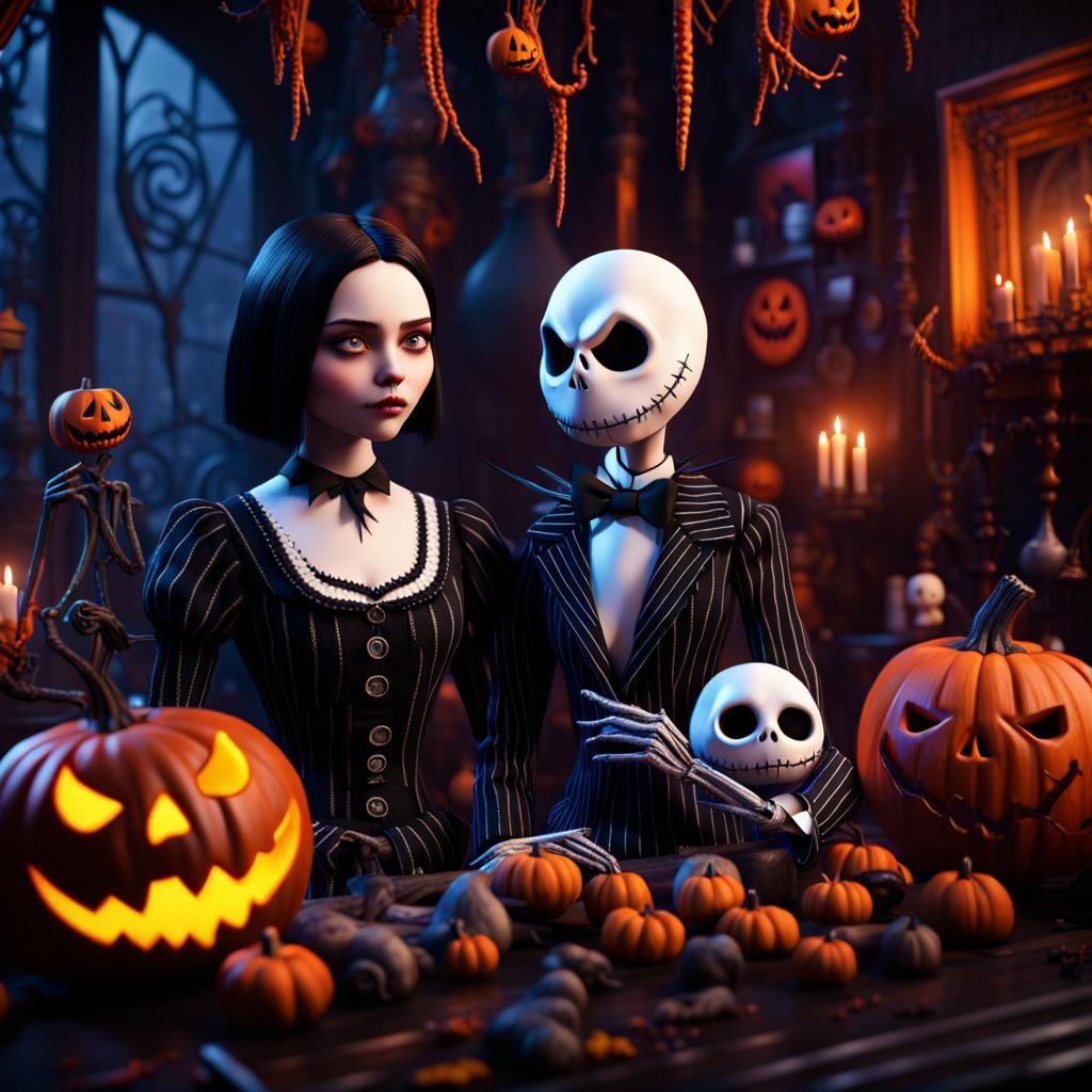 Wednesday and Jack: Halloween Nightmare, Hyperrealistic Digi...
