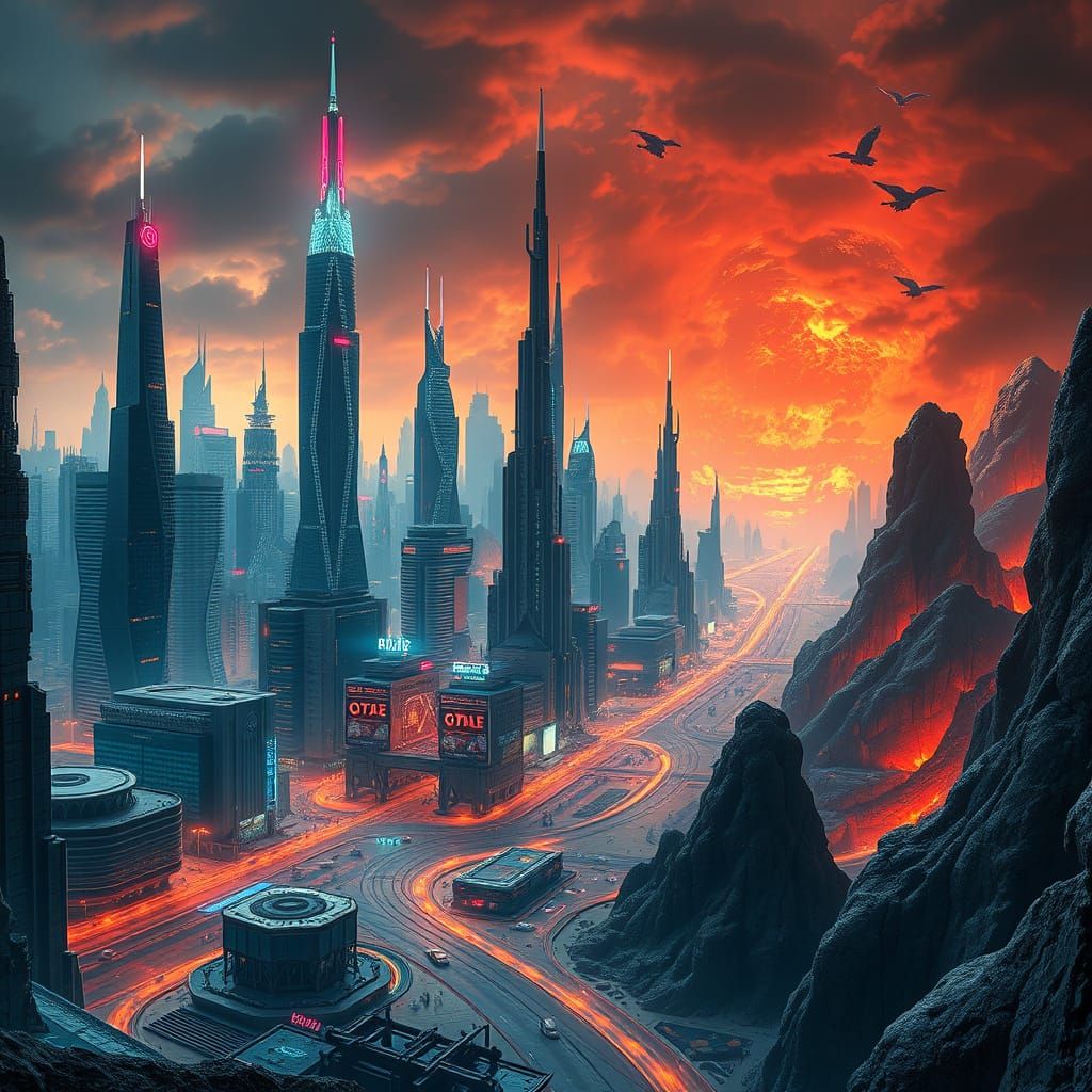 Futuristic Cityscape Juxtaposed with Fiery Hellscape