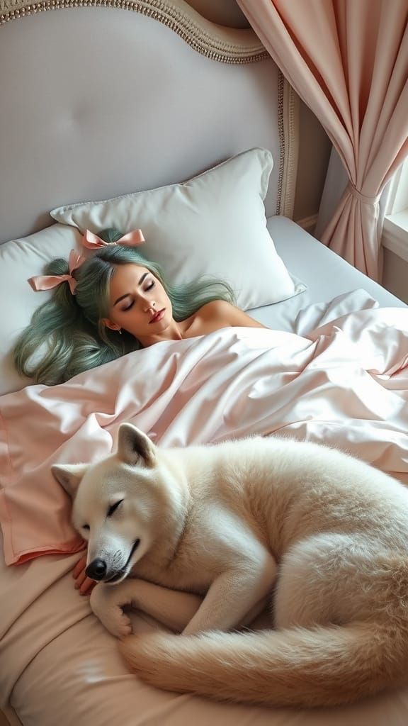 Serene Goddess Slumbers, Guarded by Moonlit Wolf