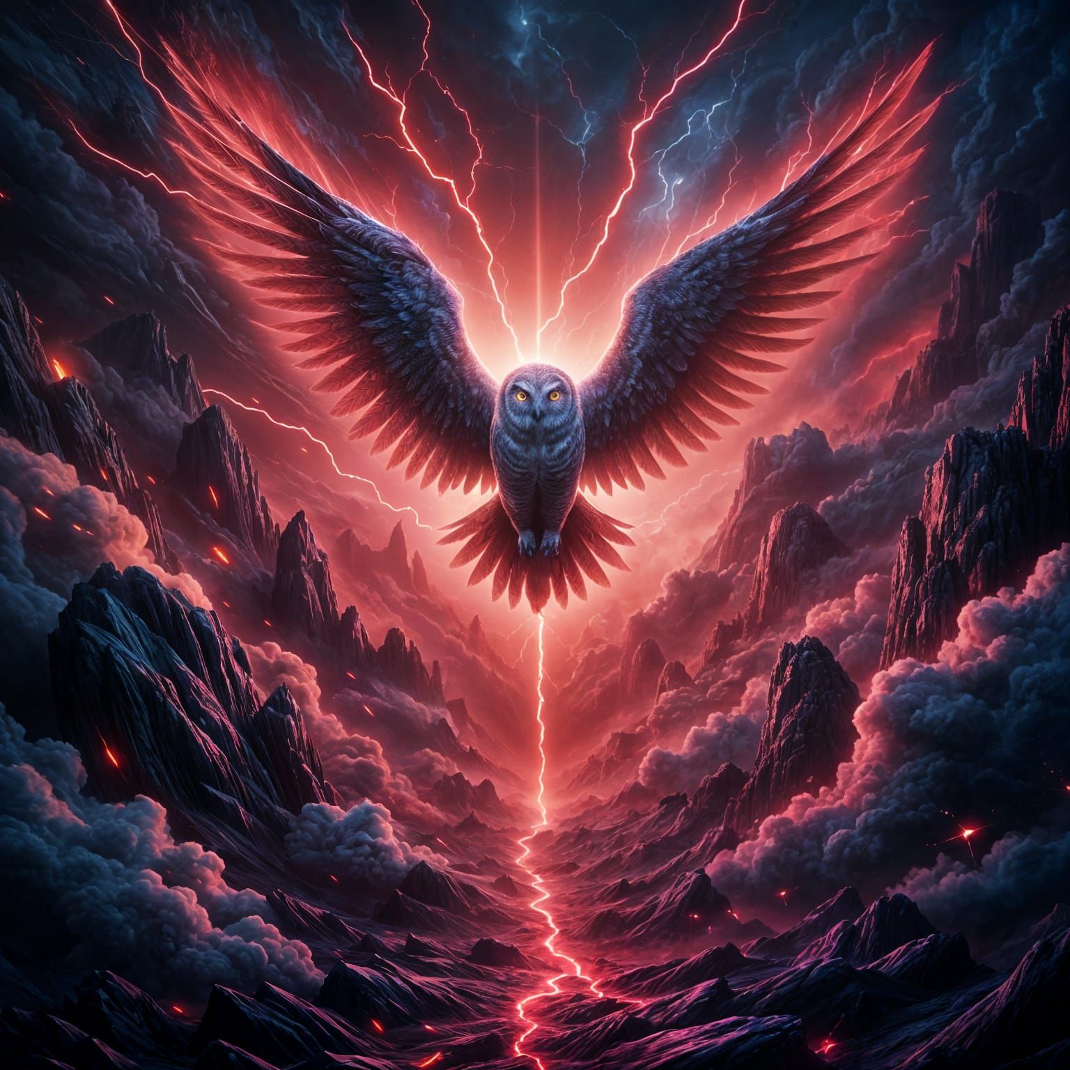 Ethereal Owl Soars Through Crimson Lightning Storm