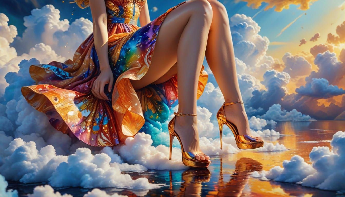 Woman on Cloud in Vibrant Oil Painting