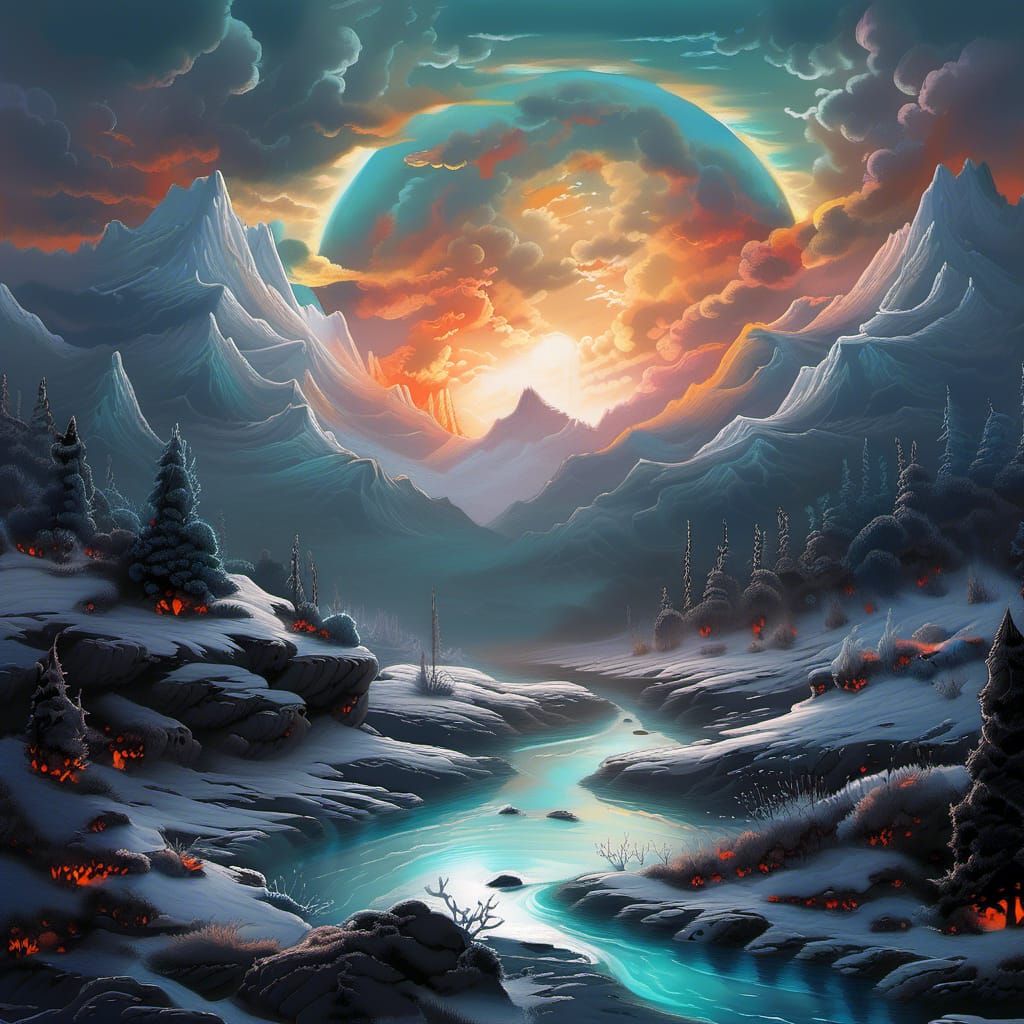 Glowing River Under Bioluminescent Moon in Detailed Matte Pa...