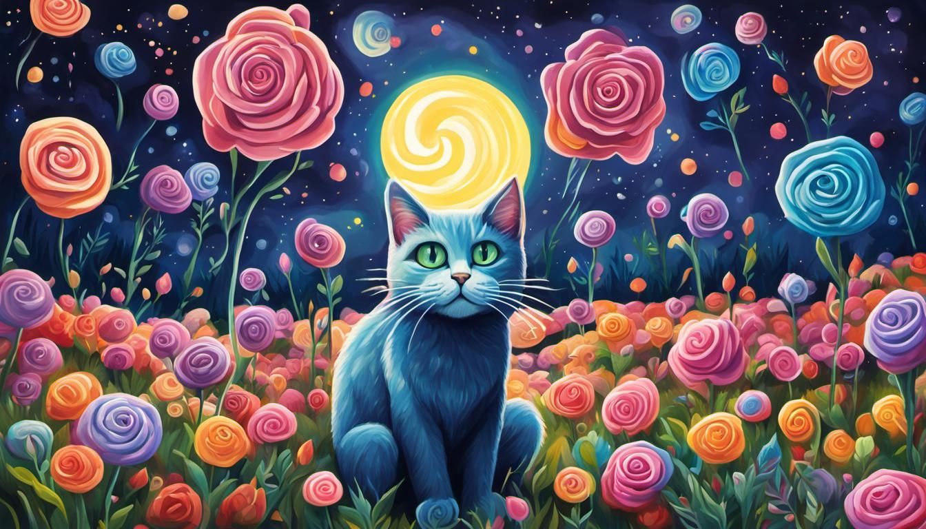 Halloween Cat in Starry Rose Fields: Gouache Painting