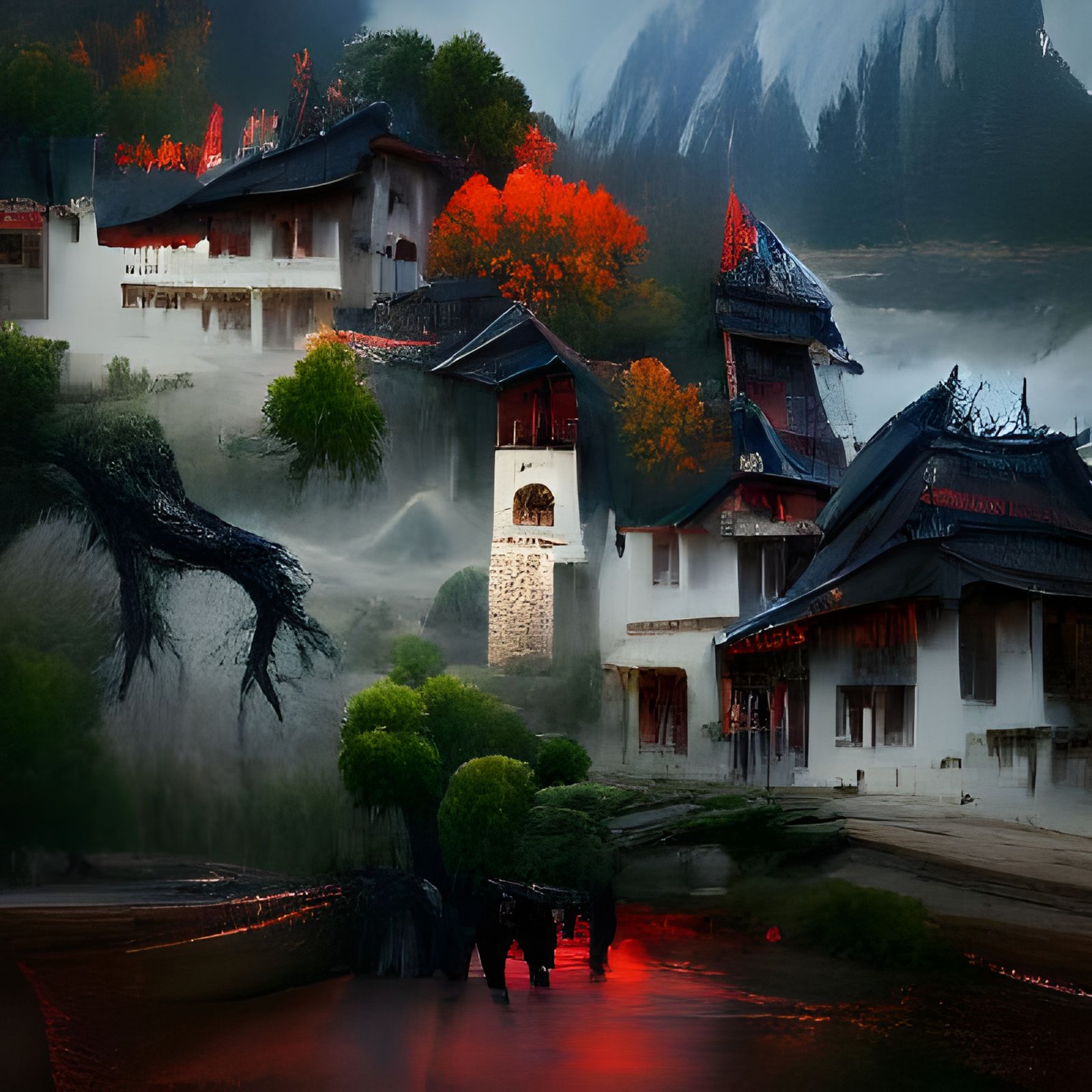 Sinister Chinese Palace and Town in Dark Fantasy Style