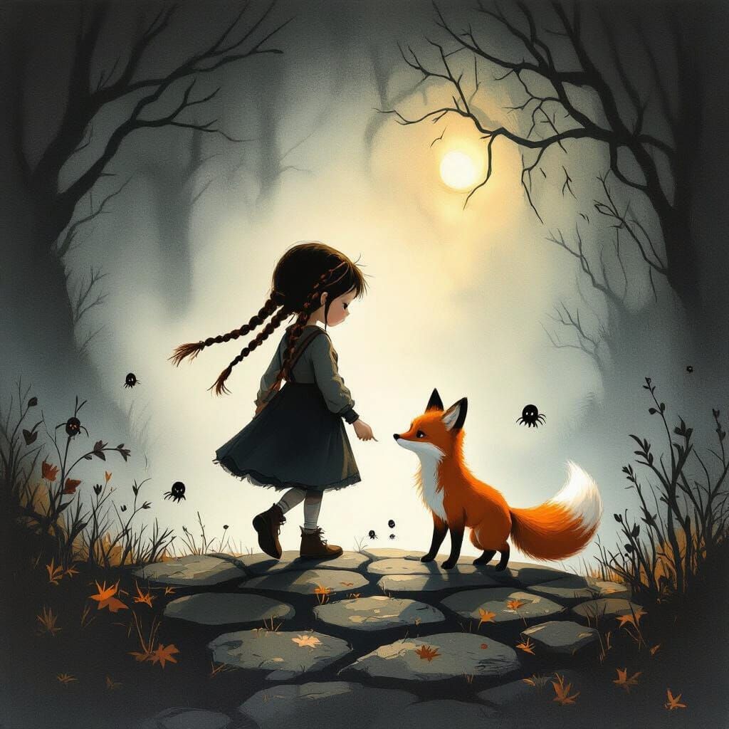 Dark Fantasy Concept Art of Girl and Fox on Bridge