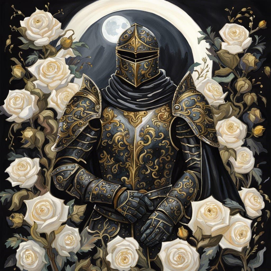 Gothic Knight in Roses, Gouache Style