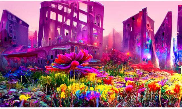 Flowers Bloom Over Abandoned City, Kinetic Pointillism Style