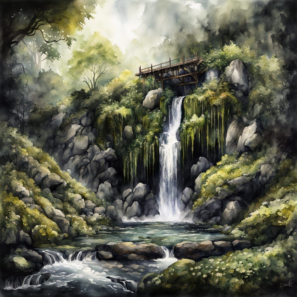Epic Wilderness Waterfall in Vivid Watercolour Style