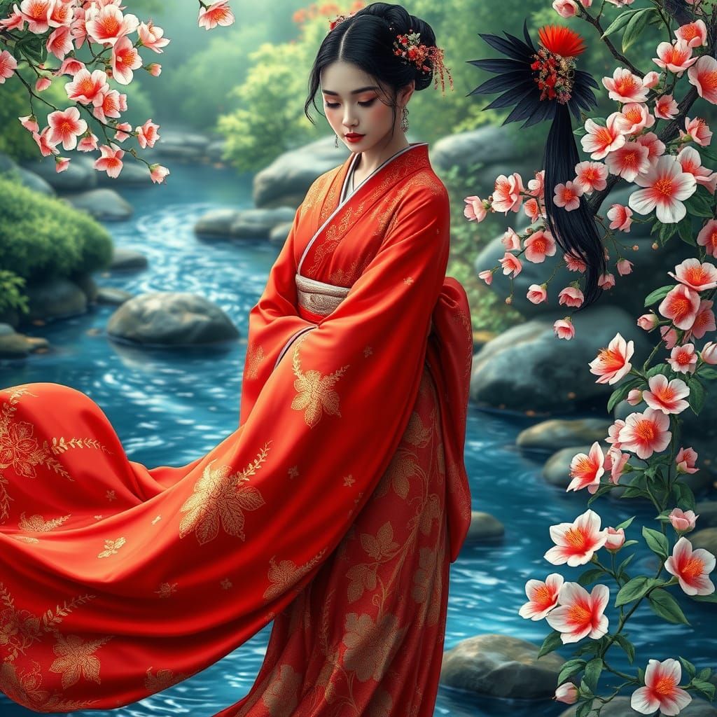 Ethereal Japanese Goddess in Red Kimono Beside Tranquil Stre...