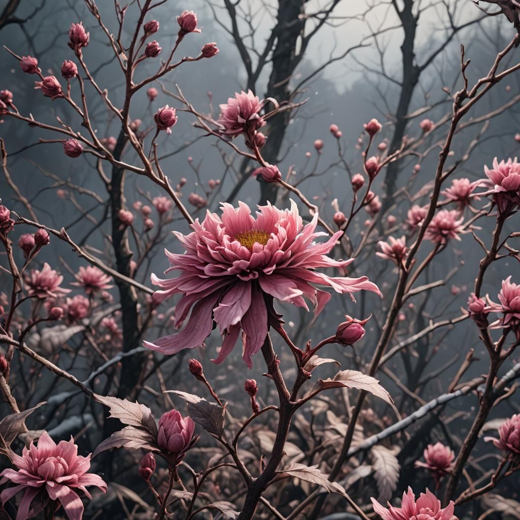 Withered Pink Flower in Winter: Detailed Matte Painting