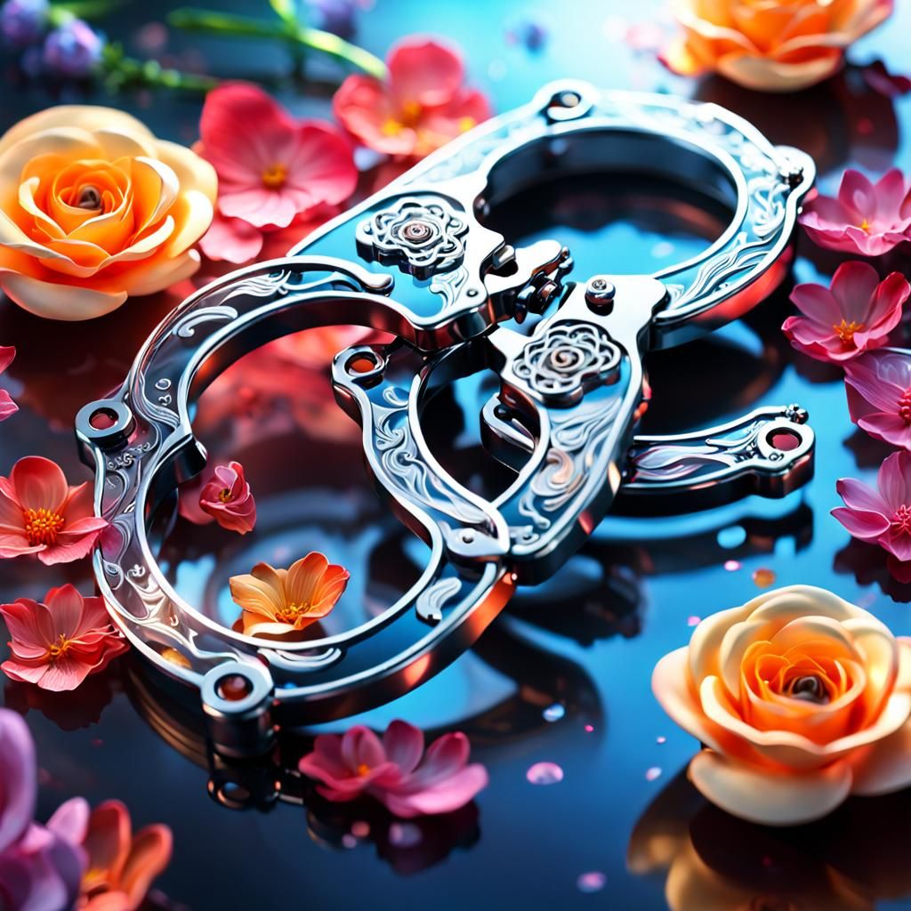 Handcuff Key Sculpture with Glass Petals: Digital Art