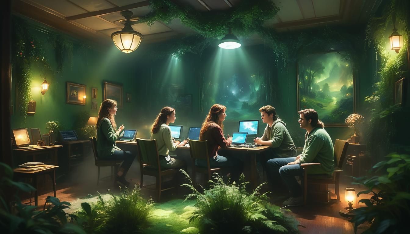 Ethereal Friends Gather in a Glowing Green Room