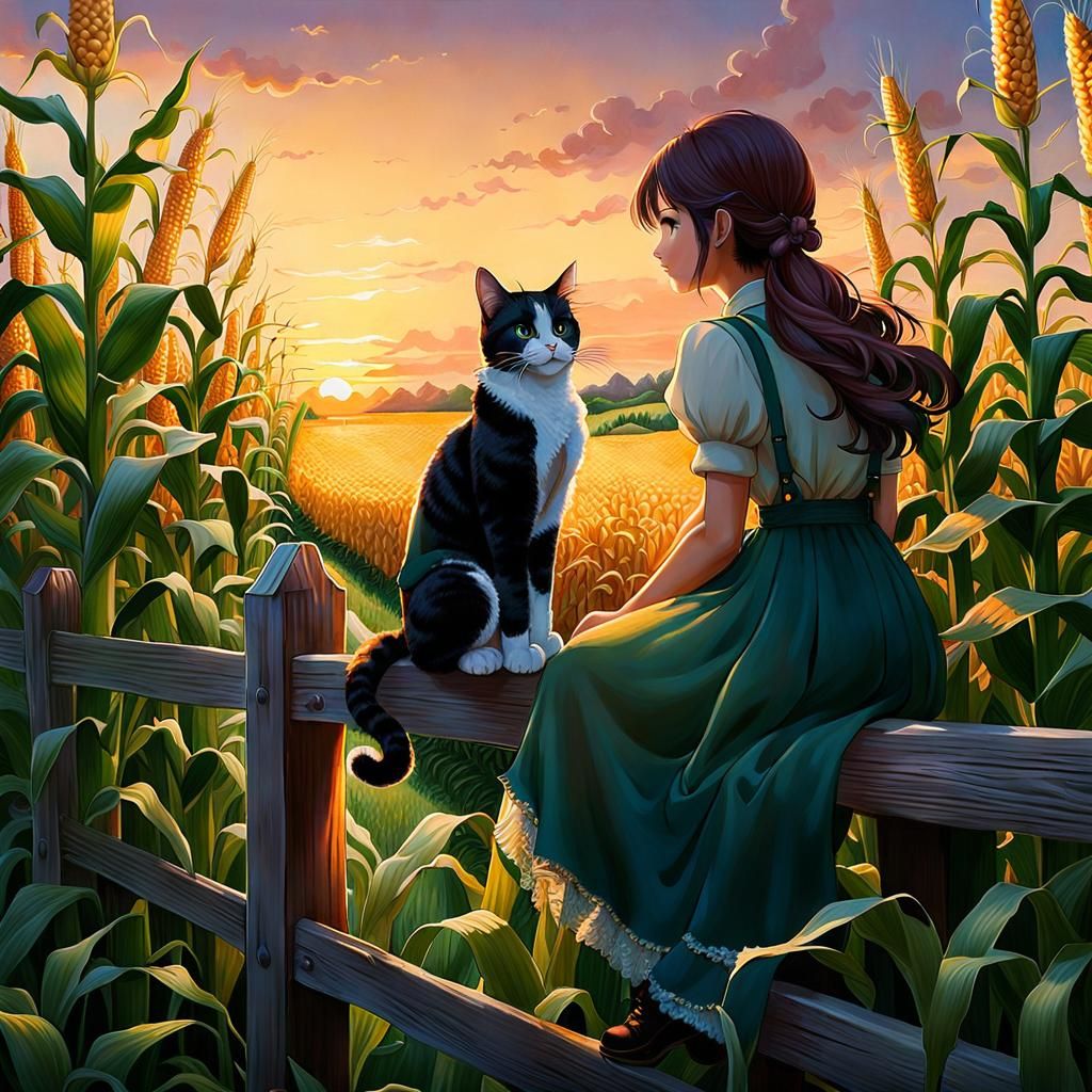Girl and Cat at Sunset: Ghibli-Inspired Farm Scene