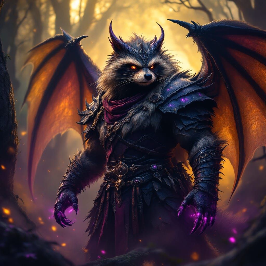 Majestic Raccoon Dragon Hybrid Beastman in Dark Fantasy Sett...
