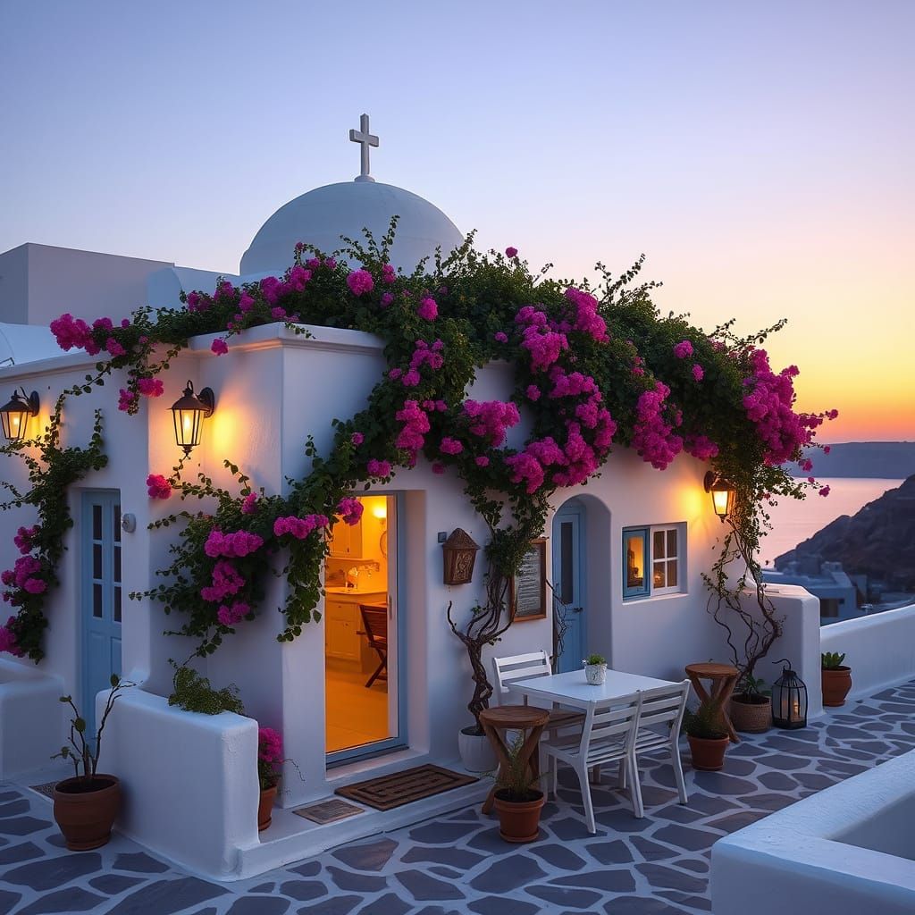 Santorini Taverna at Sunset in Vibrant Bloom