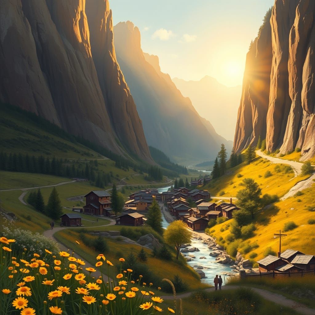 Idyllic Valley Village in Warm Golden Light