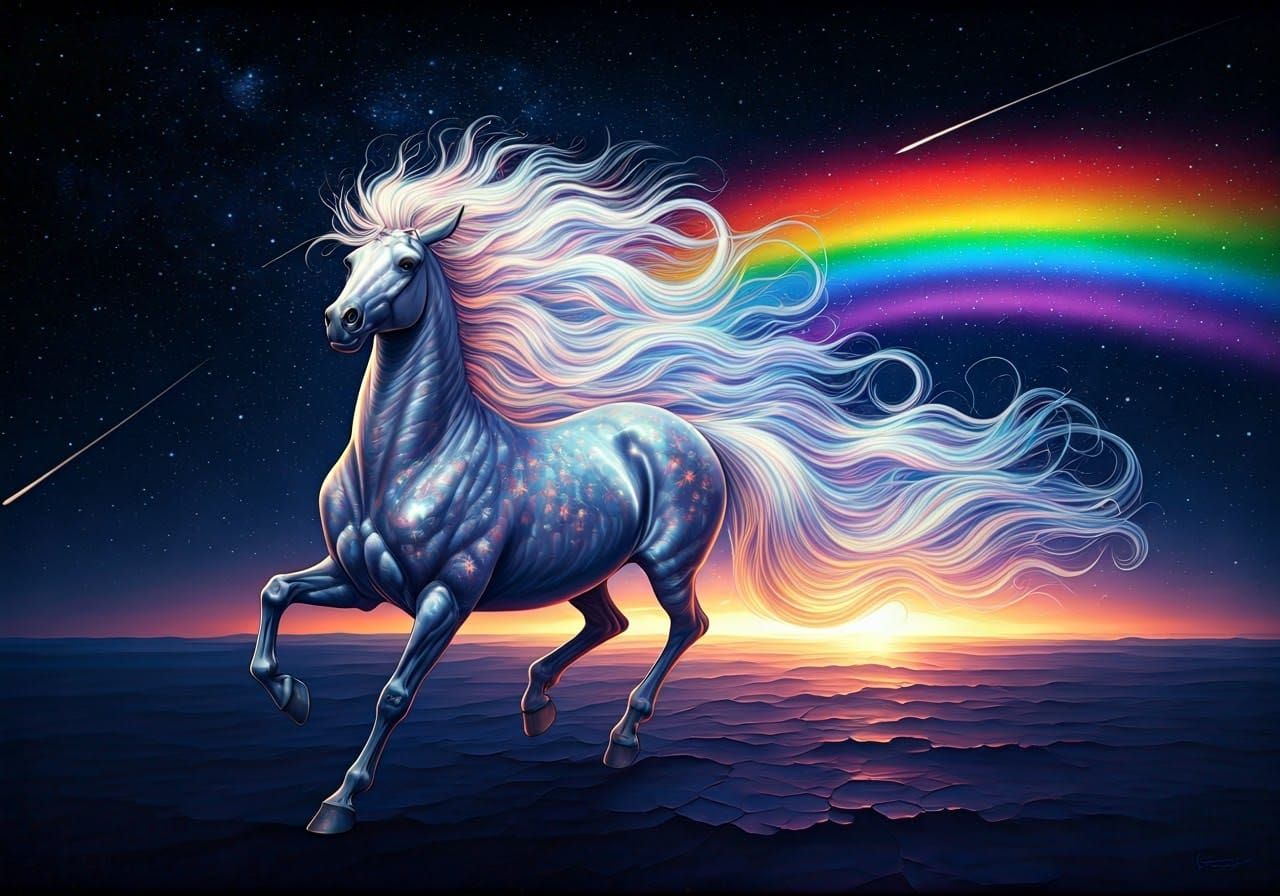 Iridescent Centaur Gallops Towards Starry Sky