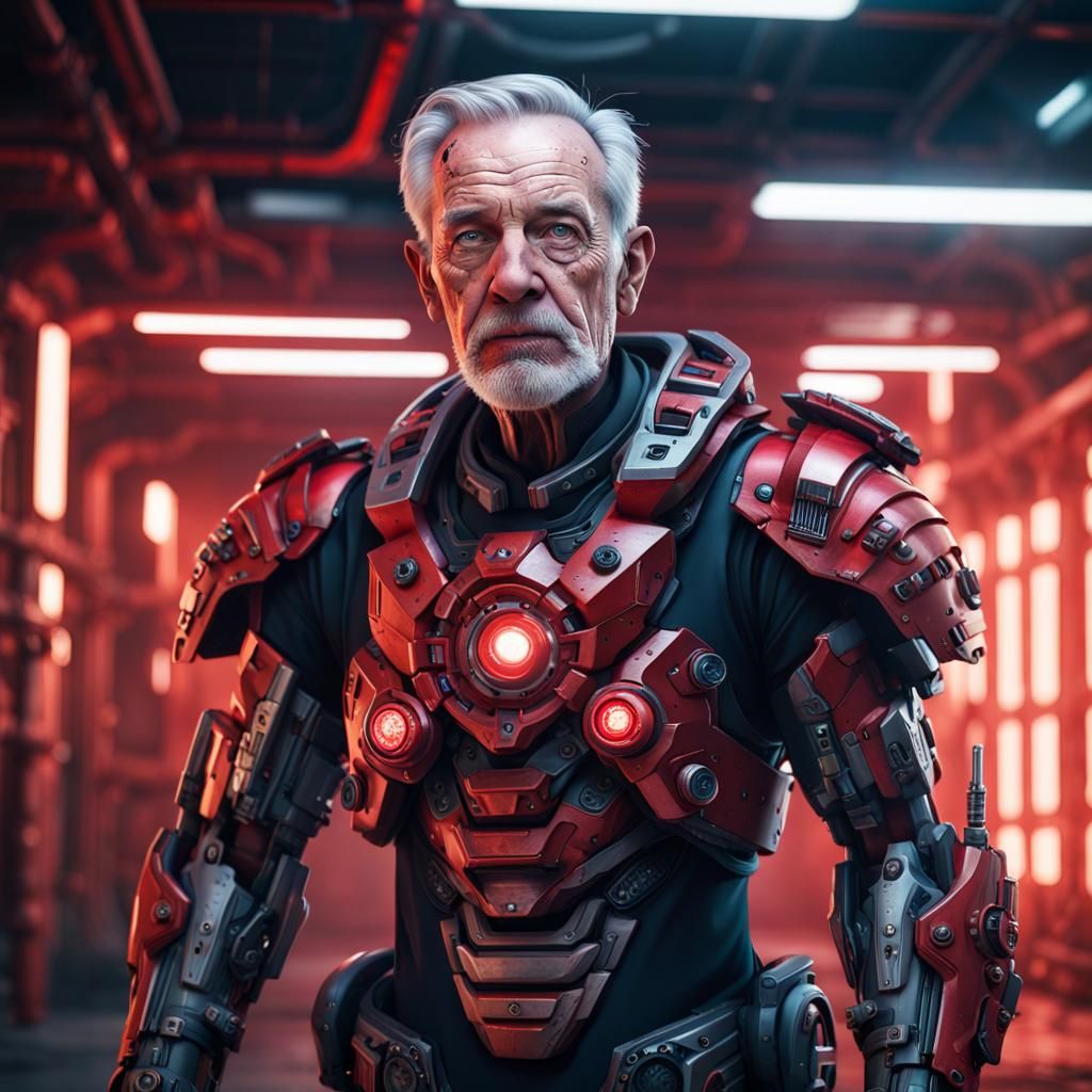 Cyborg Elder in Futuristic Military Base