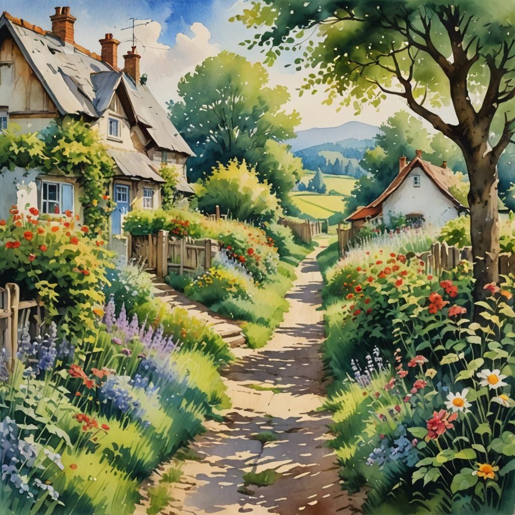 Watercolor Path Through Summer Cottages