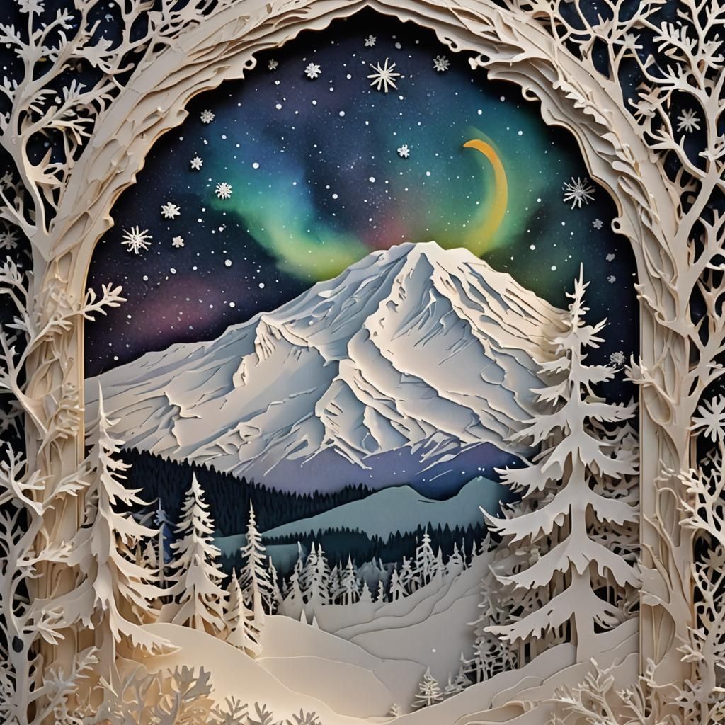 Majestic Mt. Rainier in Paper Cutout Shadowbox