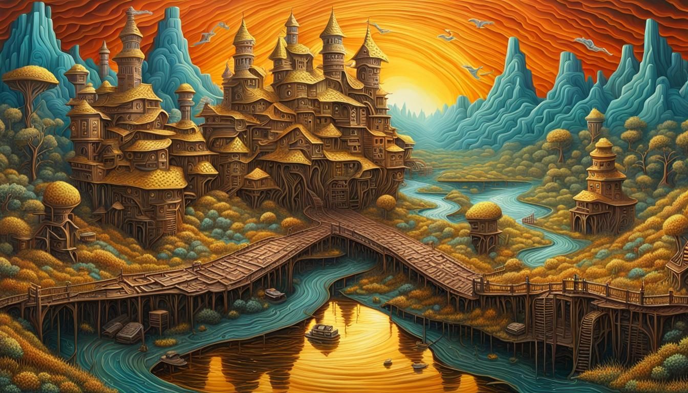 Golden Scrap Metal Surrealist Landscape Art