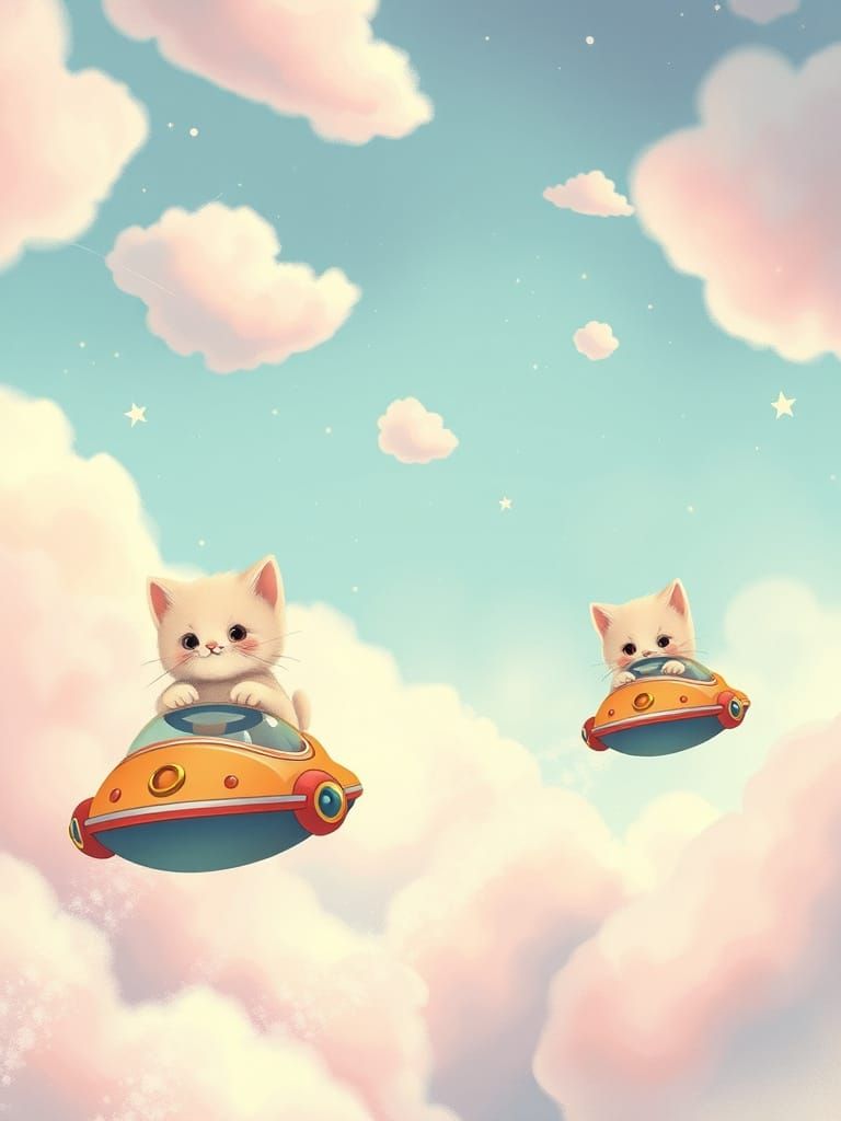 A group of adorable, fluffy kittens piloting a fleet of mini...
