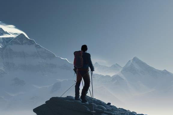 Hiker Conquers Mount Everest: Hyperdetailed Concept Art