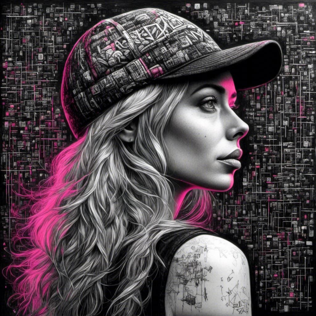 Noir-Style Portrait of Woman with Zentangle Hair