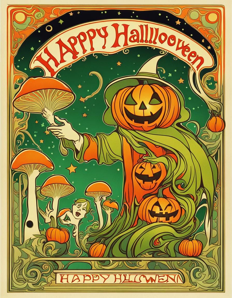 Psychedelic Art Nouveau Halloween Greeting Card