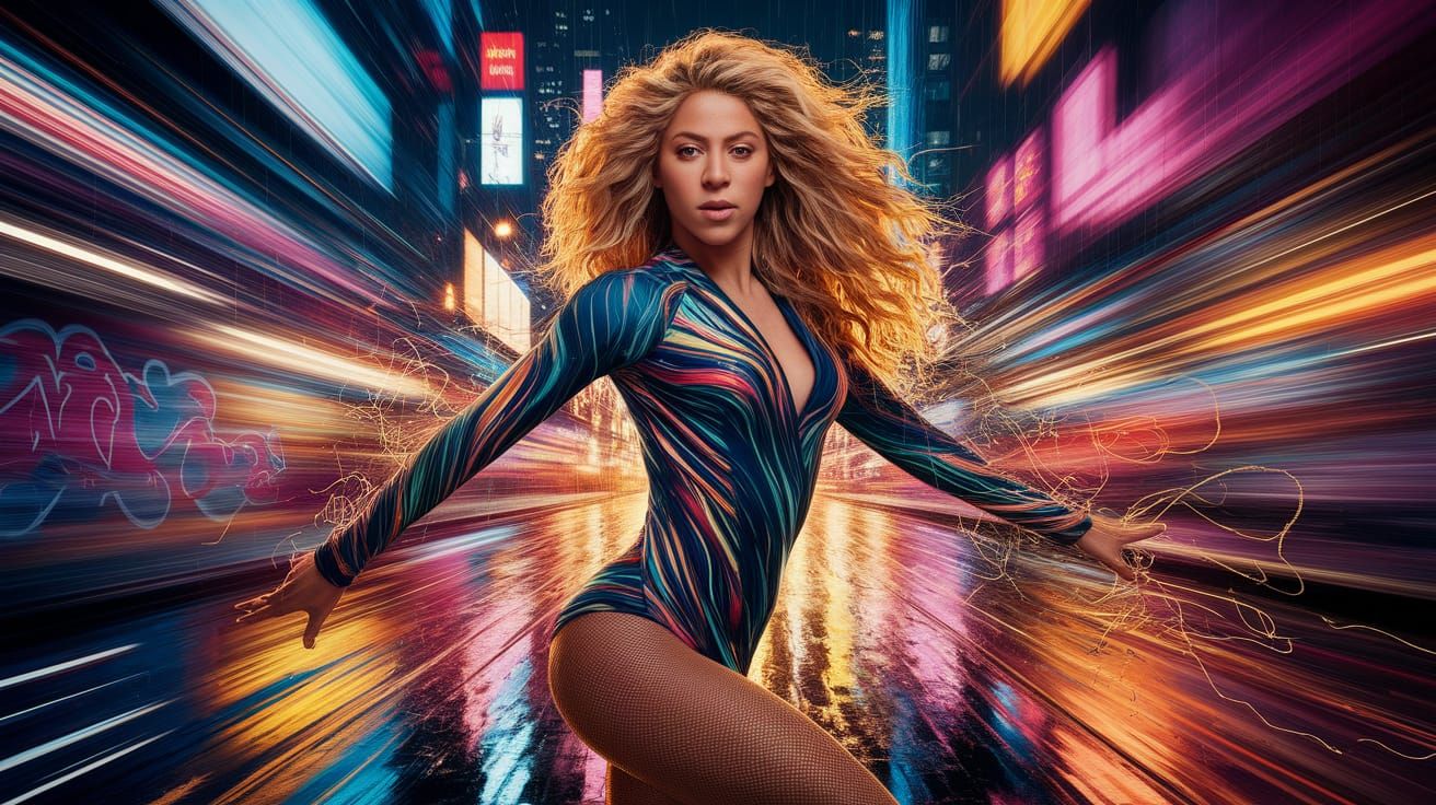 Shakira in Abstract Expressionist Dance Amidst Neon City