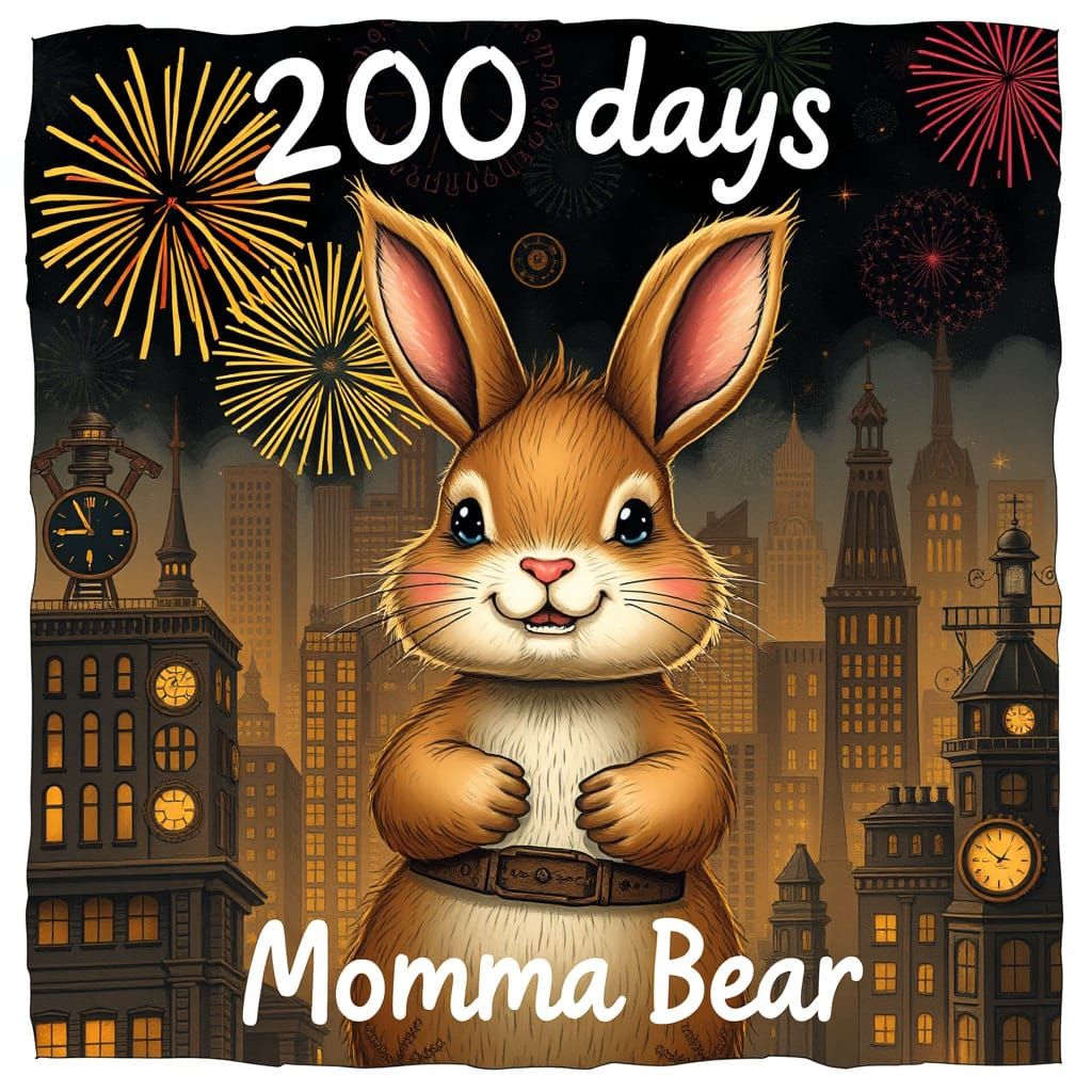 Rabbit in steampunk city, with fireworks in the sky, writing: " 200 days Momma Bear "